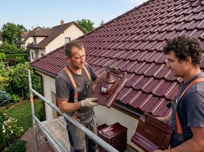 ANTENOS SE 11 - pokrývači na stavbě si prohlíží anténní tašku pro Sambu 11 - Sensaton 11